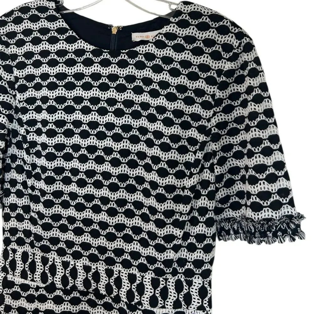 Tory Burch Paulina' Knit Dress, Kate Middleton A-Line Fringe Black/White Medium